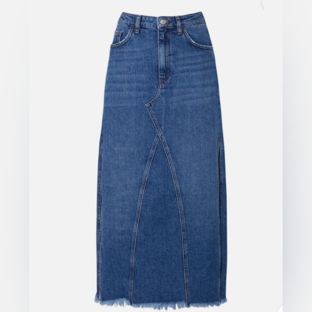 Free People Midi Blue Denim Skirt With Side Slits